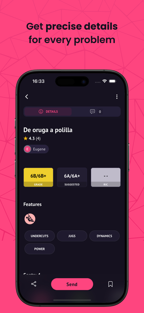 Boulder Creator - Smartphone screen showing the Boulder Creator app with details for a climbing route including its grade and technical features
