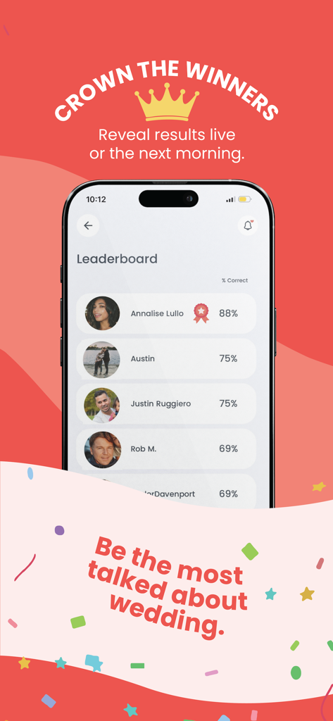 Leaderboard screen of the Betting on the Wedding app showing guest rankings based on prediction accuracy.
