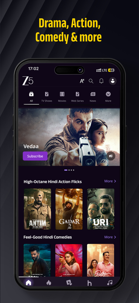 Pantalla de inicio de la aplicación ZEE5 que presenta varias películas y series web indias de los géneros drama, acción y comedia