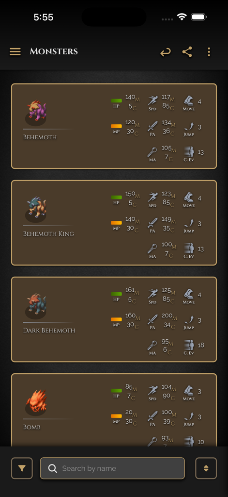 FFT Companion - Monster database screen in FFT Companion showing stats for Behemoth and Bomb units.