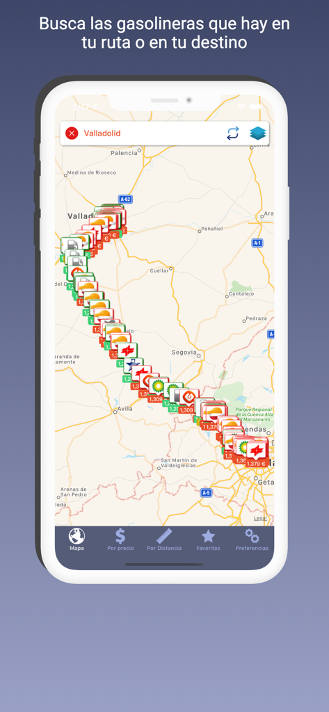 Gasolineras España app showing gas station locations and prices along a travel route on a map.