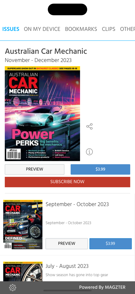 Bildschirm der Australian Car Mechanic App, der verschiedene Magazinausgaben mit Optionen zur Vorschau, zum Kauf oder zum Abonnement anzeigt