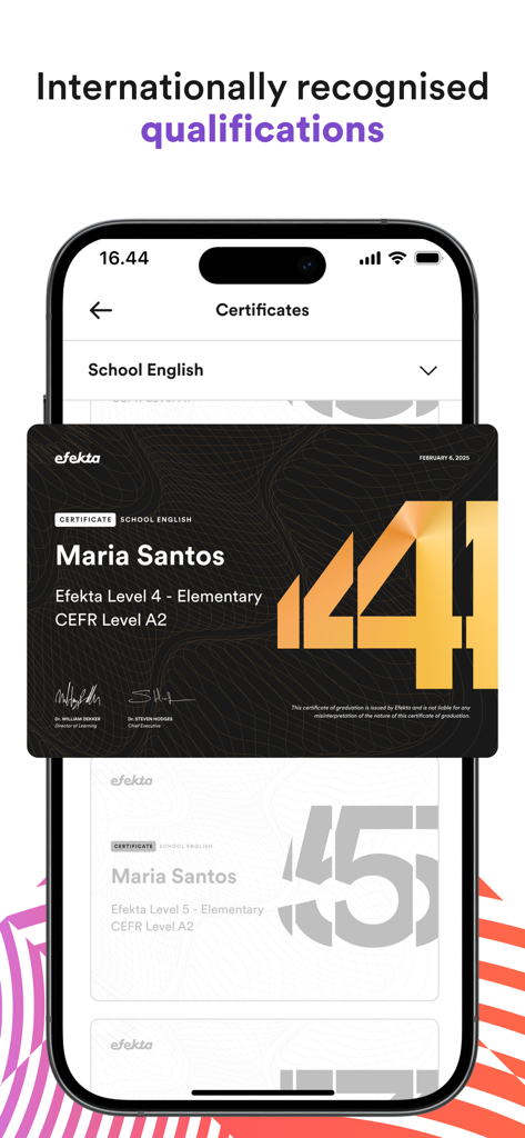 Efekta app displaying internationally recognized English language certificates