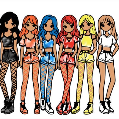 a group of girls wearing crop tops and shorts
