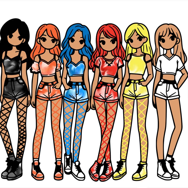 a group of girls wearing crop tops and shorts