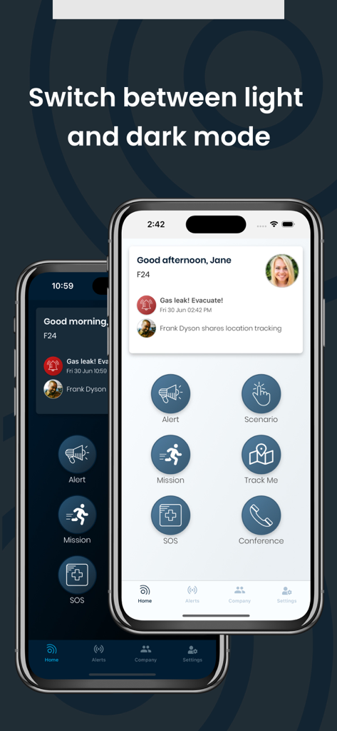 TeamAlert mobile app interface showcasing the switch between light and dark modes with emergency alert icons and notifications.