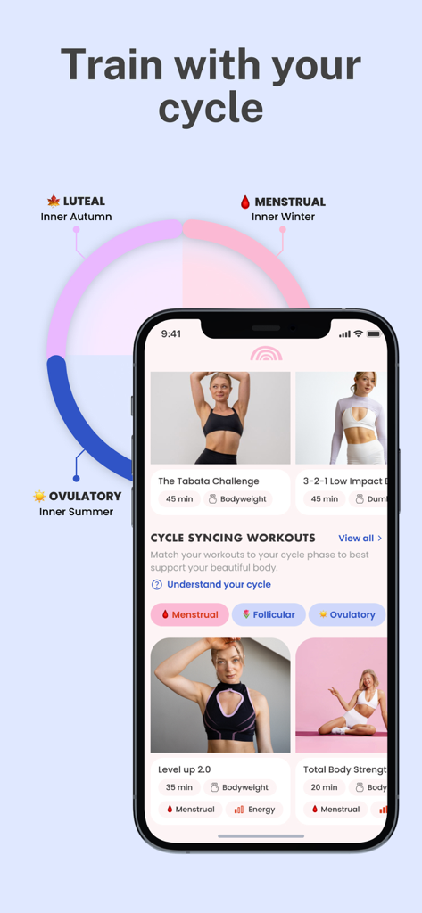 Grow with Anna - Screenshot der Grow with Anna App-Oberfläche mit Trainingsplänen, die auf die Phasen des Menstruationszyklus zugeschnitten sind