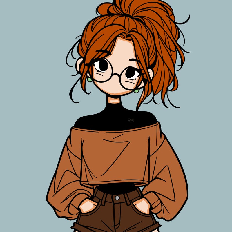 girl with a messy ponytail glasses a baggy crop top and jean shorts