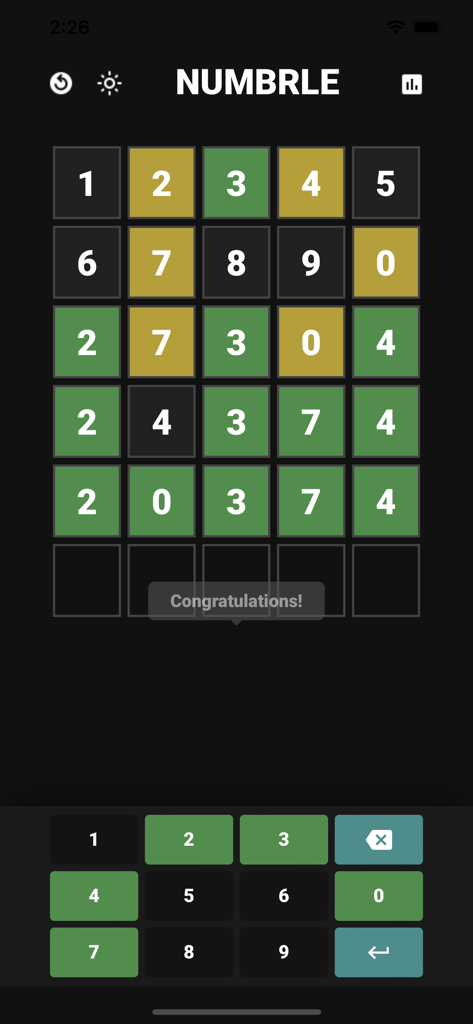Numbrle - Numbrle mobile app interface showing a solved 5-digit number puzzle with green tiles and a congratulations message
