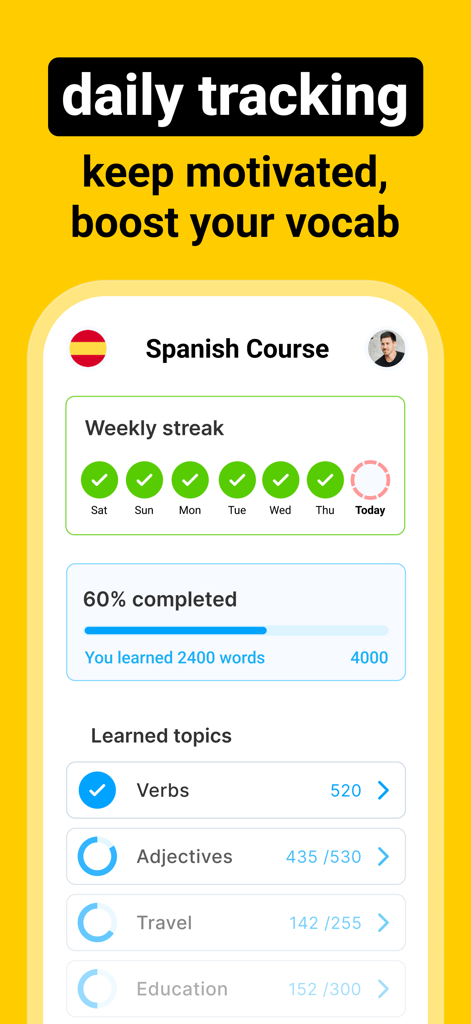 Vocabulary learning app Blarma - Blarma 앱은 스페인어 어휘 진행률과 주간 연속 대시보드를 보여줍니다.
