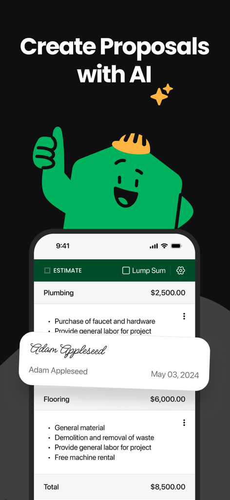 Handoff app screen showing an AI-generated construction proposal with detailed line items and a signature.