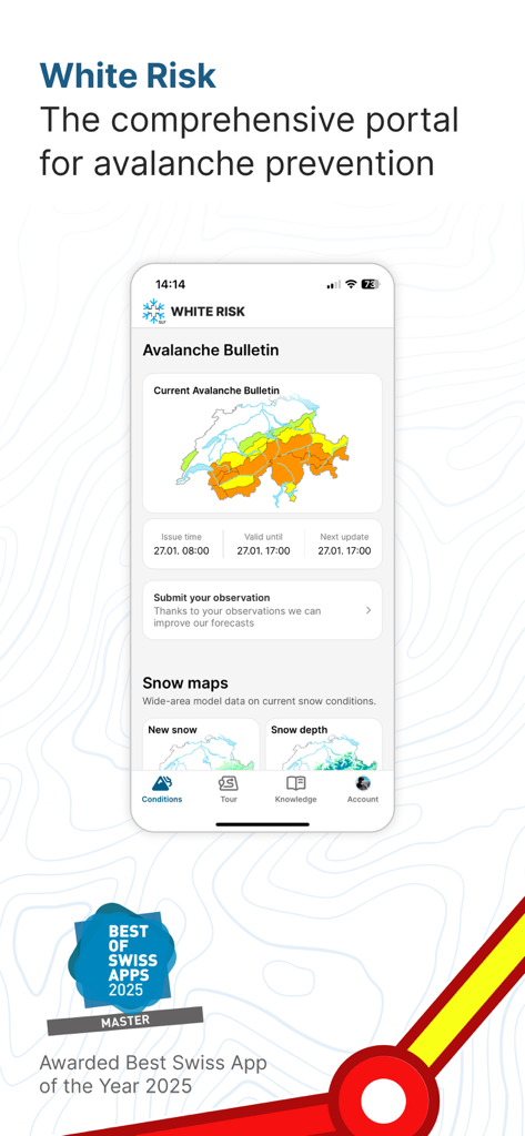 White Risk app interface showing a Swiss avalanche bulletin map and snow conditions data.