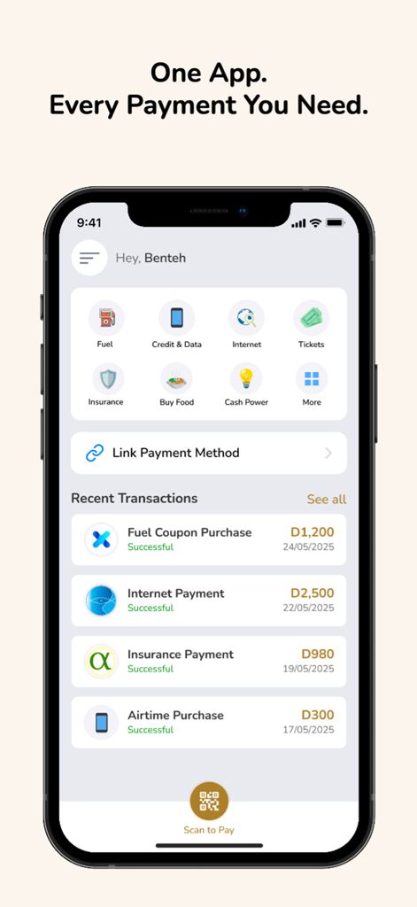 Waychit mobile app dashboard displaying payment services and recent transaction history