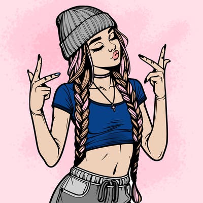 realistic teenage girl with braids and a beanie and crop top doing 🫶🏼