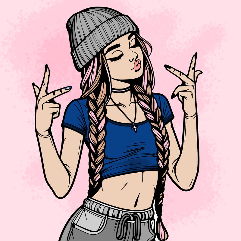 realistic teenage girl with braids and a beanie and crop top doing 🫶🏼