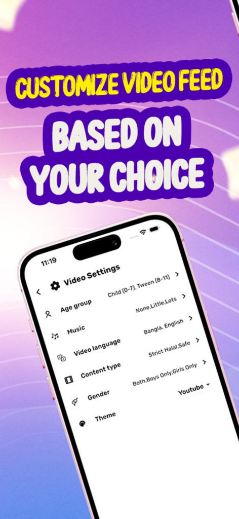 Kahf Kids app screen showing customizable video settings for age group, music level, and halal content filters.