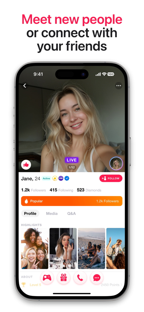 Sociable - Video Chat & Games - A smartphone screen showing a user profile on the Sociable app with a live video feed and photo highlights.
