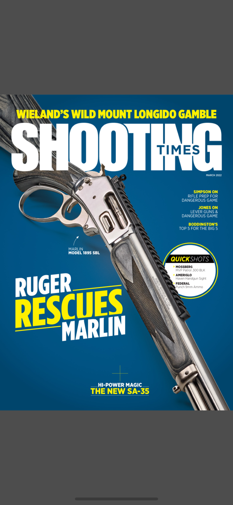 Shooting Times Magazine - Cover of Shooting Times magazine featuring a Marlin Model 1895 SBL lever-action rifle.