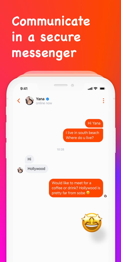 Hott: Meet, Date & Match - In-app screenshot of the Hott dating app featuring a secure private messenger conversation between two users.