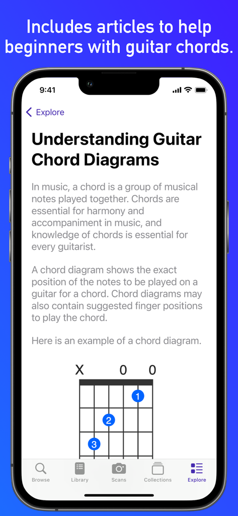 GtrLib Chords Pro app screen showing an educational article about understanding guitar chord diagrams for beginners