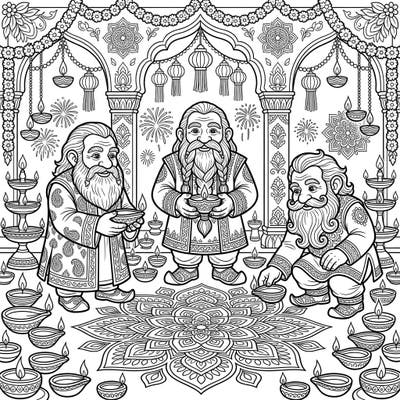Join wise Dwarf Clan Elders as they illuminate the path to celebration in this enchanting Diwali coloring page. Discover intricate details and festive spirit perfect for artistic expression.