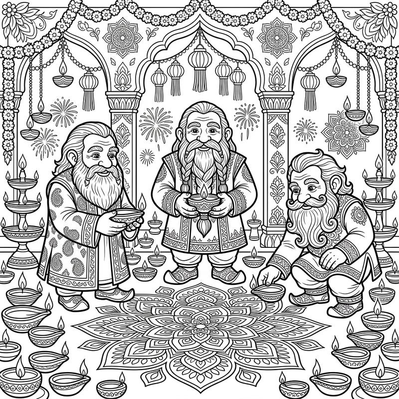 Join wise Dwarf Clan Elders as they illuminate the path to celebration in this enchanting Diwali coloring page. Discover intricate details and festive spirit perfect for artistic expression.