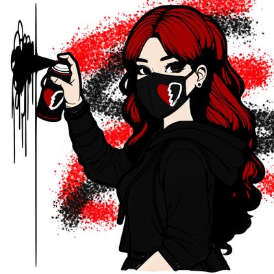 realistic girl with mask spray painting a wall