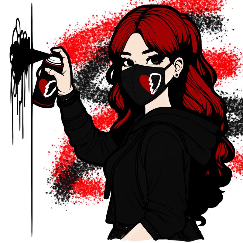 realistic girl with mask spray painting a wall