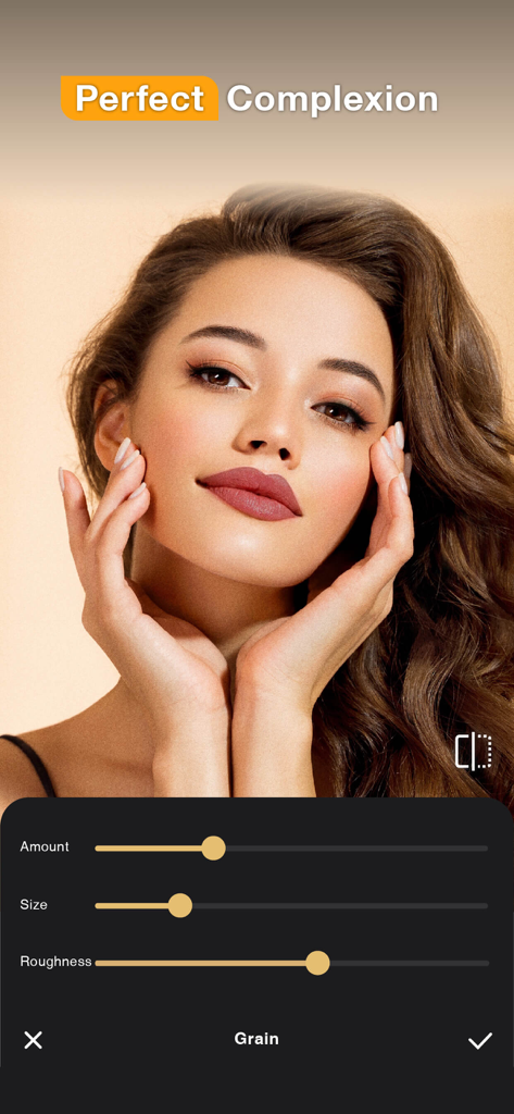 Perfect365 Studio AI | Images - Perfect365 Studio AI app interface showing skin grain editing tools for a perfect complexion