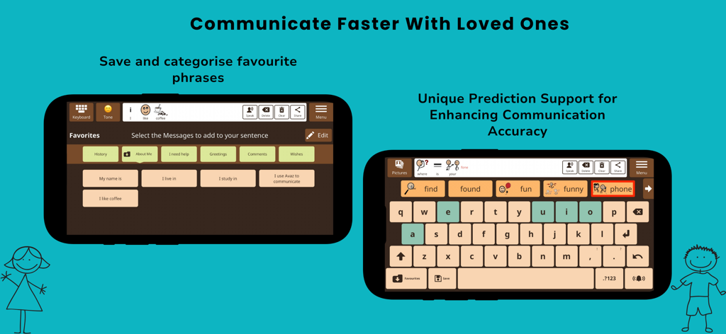 Avaz AAC - Two mobile screens displaying Avaz AAC app features including a predictive keyboard with symbols and a categorized favorite phrases section.