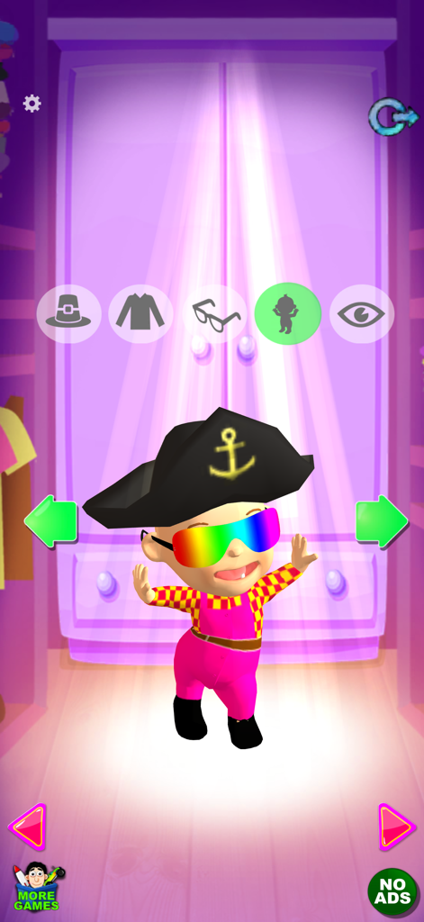 Talking Babsy Baby character wearing a pirate hat and rainbow sunglasses in a purple room