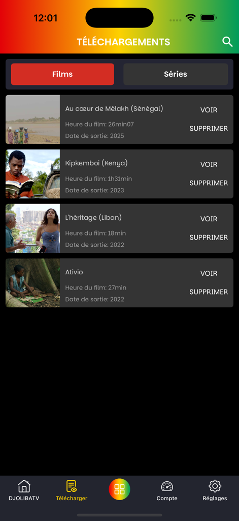 Djoliba TV - Djoliba TV mobile app downloads screen showing a list of saved African movies for offline viewing.