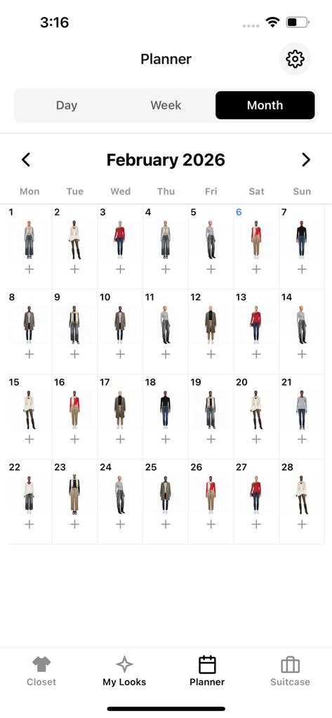 AI Dresser: Outfit Planner - Monthly calendar view in the AI Dresser app showing daily planned outfits on virtual mannequins