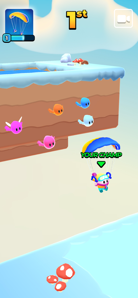 Pocket Champs PVP Racing Games - Jogabilidade de Pocket Champs mostrando um personagem usando um gadget de paraquedas para se manter em primeiro lugar durante uma corrida