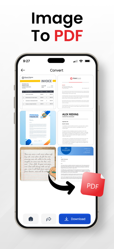Image Converter to JPG－PDF－PNG - iPhone app screen demonstrating the conversion of multiple images into a PDF document