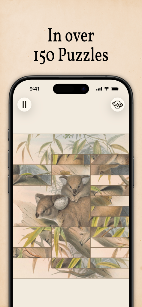 Art of Fauna: Cozy Puzzles - A mobile phone displaying a vintage koala illustration puzzle from the Art of Fauna app.