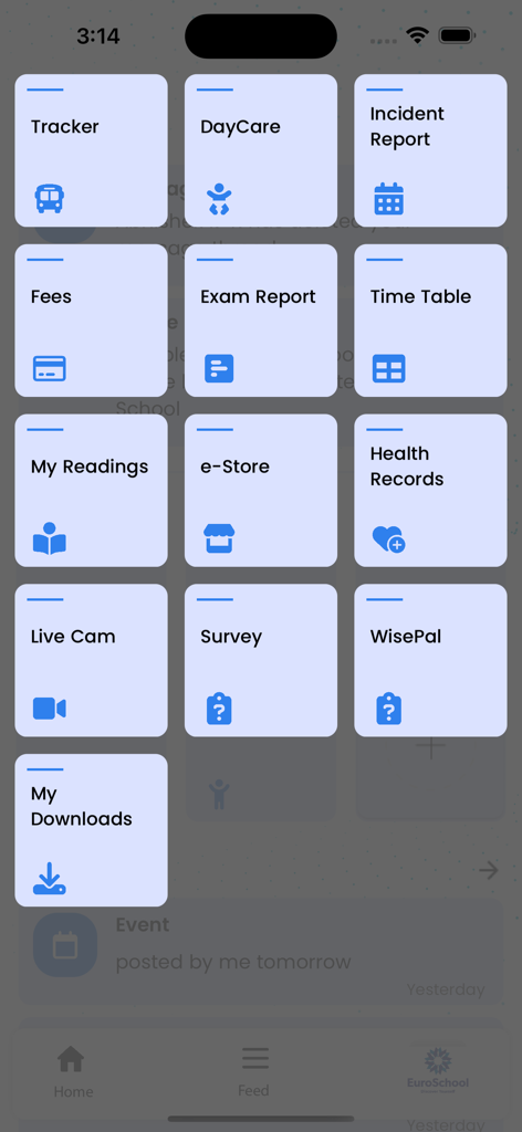 School Diary - School Diary app dashboard displaying features like bus tracker, fees, and daycare reports