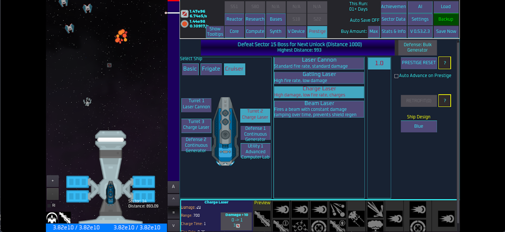 Unnamed Space Idle - Spaceship customization and weapon upgrade menu in Unnamed Space Idle