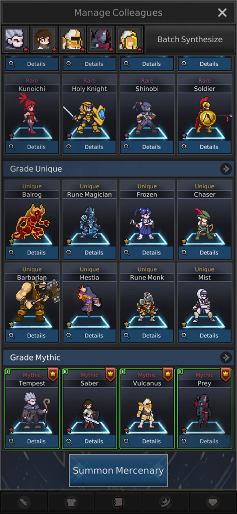 Character management screen in Elemental 2D MMORPG showing pixel art mercenaries categorized by Rare Unique and Mythic grades