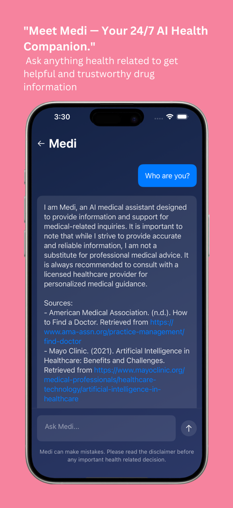 Medify:AI Medicine Identifier - Interfaz de chat de la aplicación Medify con Medi, el compañero de salud con IA, proporcionando información médica