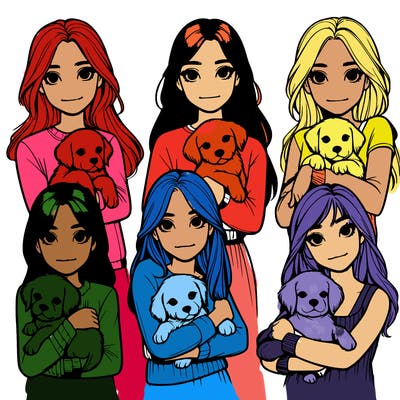 five realistic girls, each holding a puppy