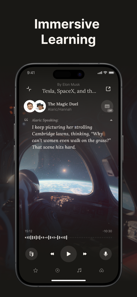 Nooka: Your Insight Feed - Nooka app interface showing an immersive audio learning session with a spaceship cockpit background and conversational text