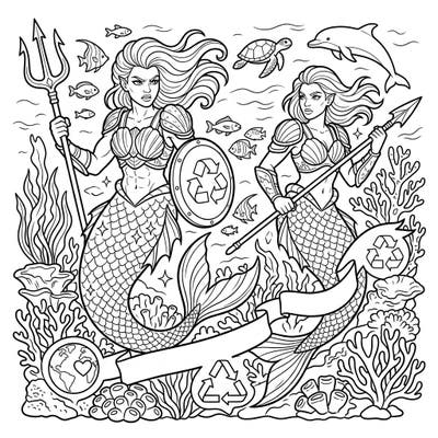 Unleash your creativity with this unique coloring page featuring powerful warrior mermaids dedicated to protecting our oceans. Celebrate Earth Day by bringing vibrant life to these aquatic heroes and their mission to preserve marine ecosystems.