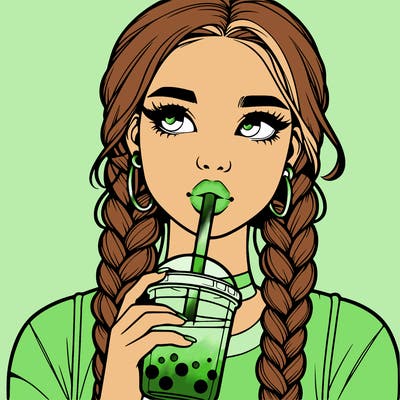 realistic girl with braided hair drinking boba
