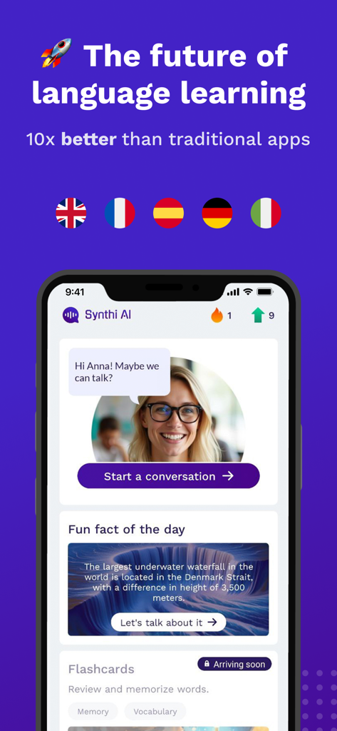 Synthi AI - Synthi AI mobile app interface featuring conversational language practice with an AI tutor and interactive daily lessons.