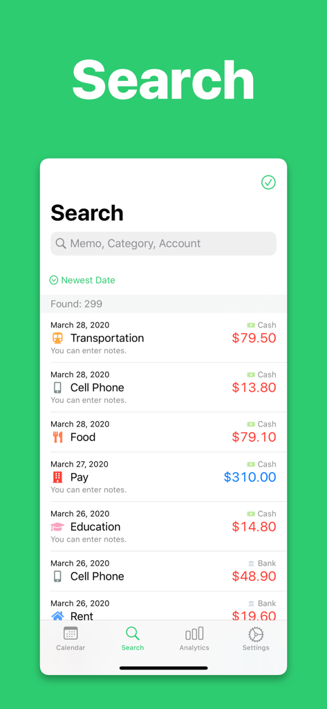Monelyze budget app search screen displaying a list of recent expenses and income with category icons and amounts.