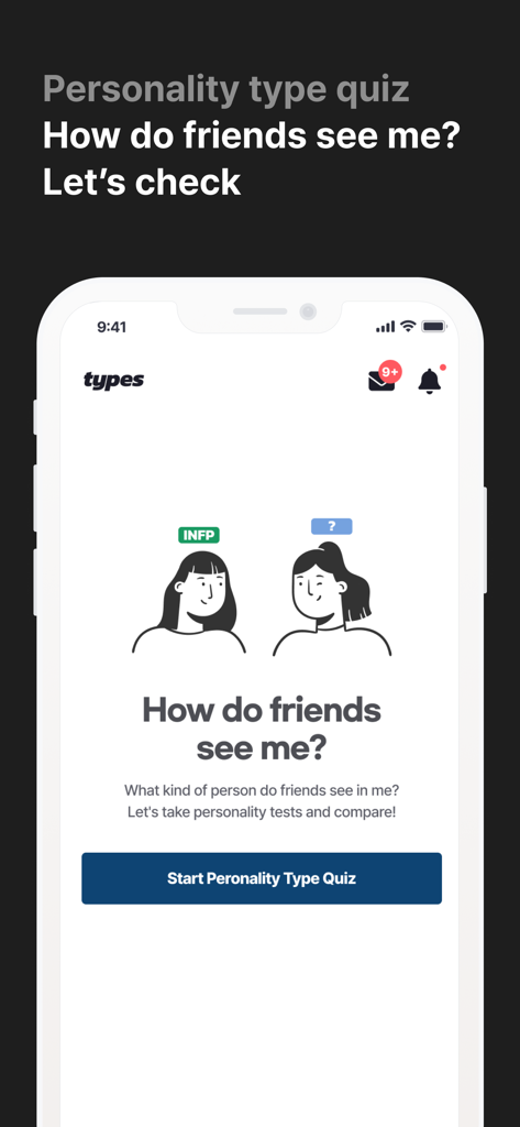 MyTypes app screen showing a personality type quiz for social feedback