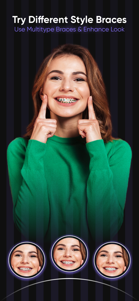 AI Braces Camera Photo Editor - A woman using the AI Braces Camera app to try on different styles of virtual dental braces