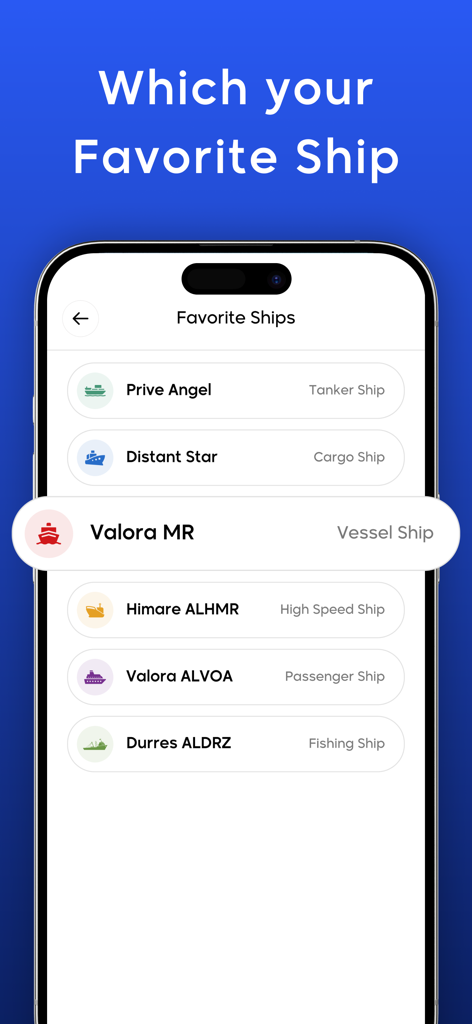 A screen showing a list of favorite ships categorized by type such as tanker cargo and passenger ships