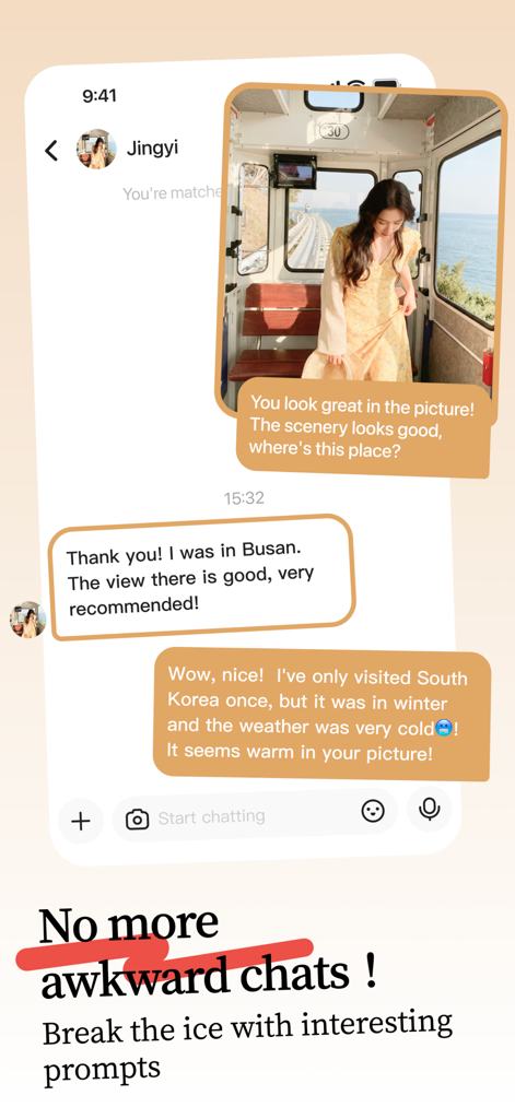 Una interfaz de chat móvil que muestra una conversación iniciada al comentar un prompt de foto para romper el hielo.